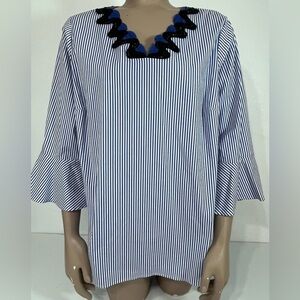 Talbots Plus Petite Size 1Xp Blue & White Striped Embroidered Long Sleeve